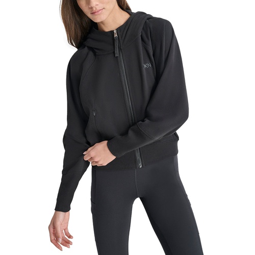 DKNY Womens Embroidered-Logo Cropped Zip-Front Fleece Hoodie