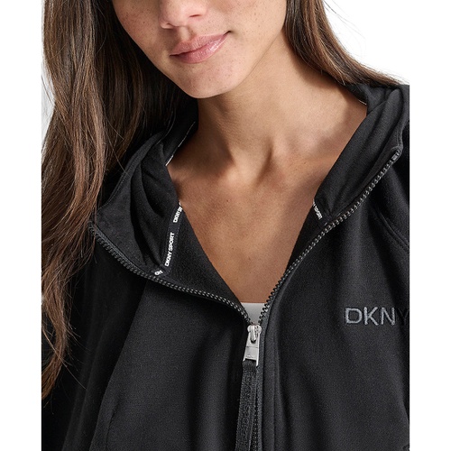 DKNY Womens Embroidered-Logo Cropped Zip-Front Fleece Hoodie