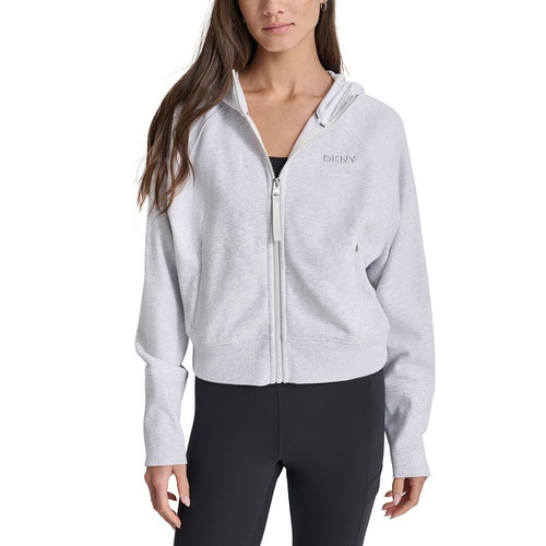 DKNY Womens Embroidered-Logo Cropped Zip-Front Fleece Hoodie