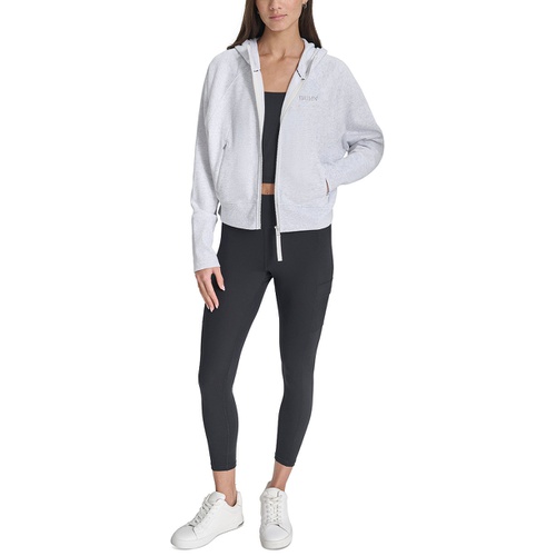 DKNY Womens Embroidered-Logo Cropped Zip-Front Fleece Hoodie