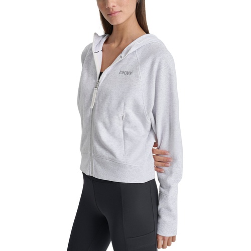 DKNY Womens Embroidered-Logo Cropped Zip-Front Fleece Hoodie