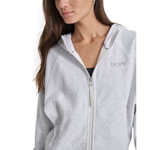 DKNY Womens Embroidered-Logo Cropped Zip-Front Fleece Hoodie