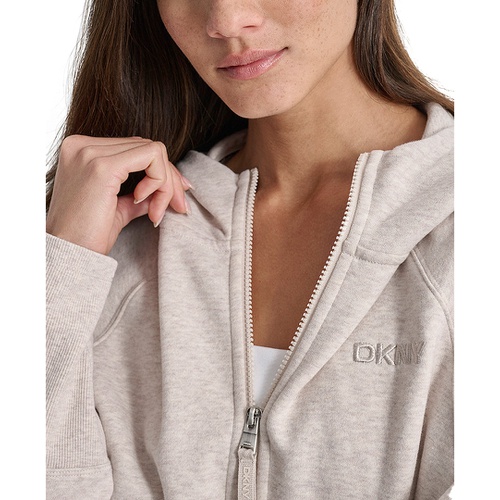 DKNY Womens Embroidered-Logo Cropped Zip-Front Fleece Hoodie