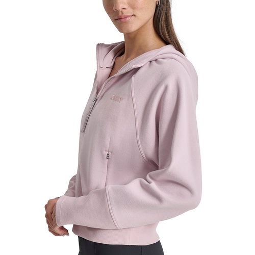 DKNY Womens Embroidered-Logo Cropped Zip-Front Fleece Hoodie