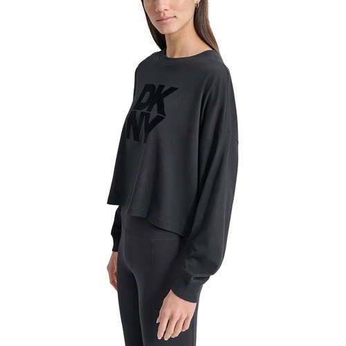 DKNY Womens Cotton Flocked-Logo Long-Sleeve Top