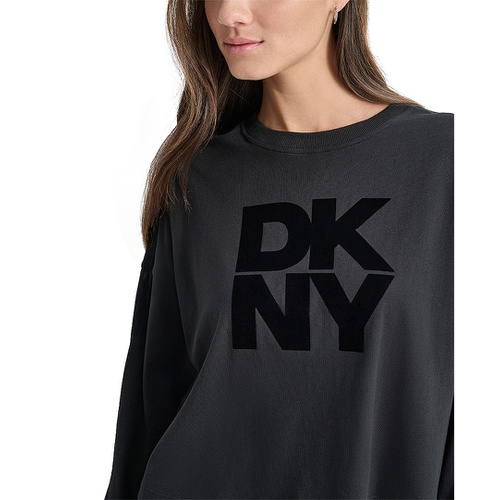 DKNY Womens Cotton Flocked-Logo Long-Sleeve Top