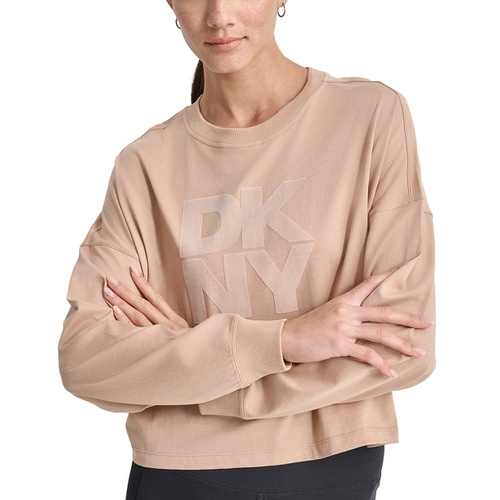 DKNY Womens Cotton Flocked-Logo Long-Sleeve Top