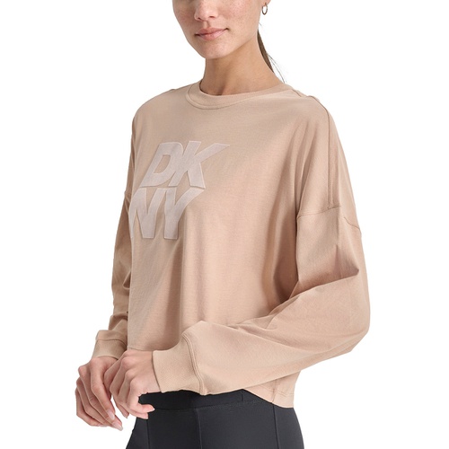 DKNY Womens Cotton Flocked-Logo Long-Sleeve Top