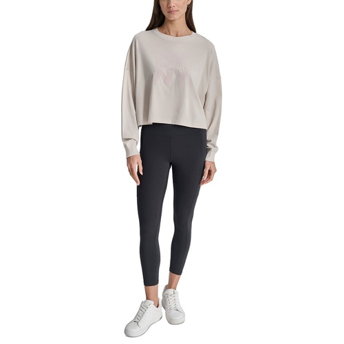 DKNY Womens Cotton Flocked-Logo Long-Sleeve Top