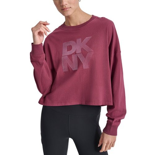 DKNY Womens Cotton Flocked-Logo Long-Sleeve Top