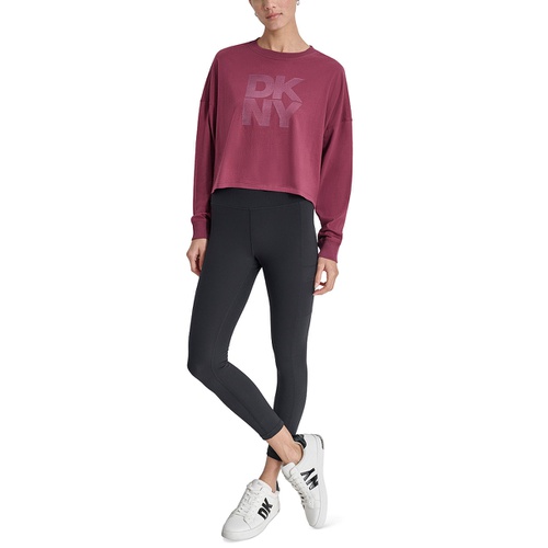 DKNY Womens Cotton Flocked-Logo Long-Sleeve Top