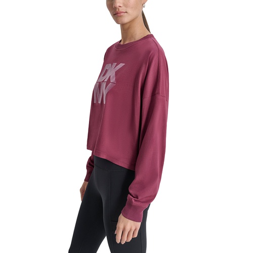 DKNY Womens Cotton Flocked-Logo Long-Sleeve Top