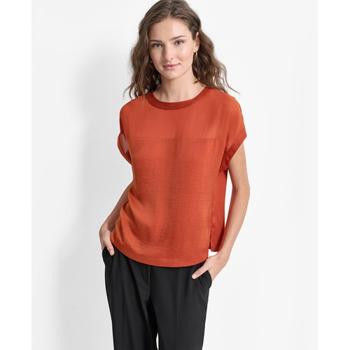 DKNY Womens Mixed-Media Extended-Shoulder Blouse