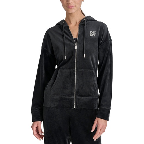 DKNY Womens Velour Rhinestone-Logo Zip-Front Hoodie