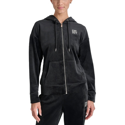 DKNY Womens Velour Rhinestone-Logo Zip-Front Hoodie