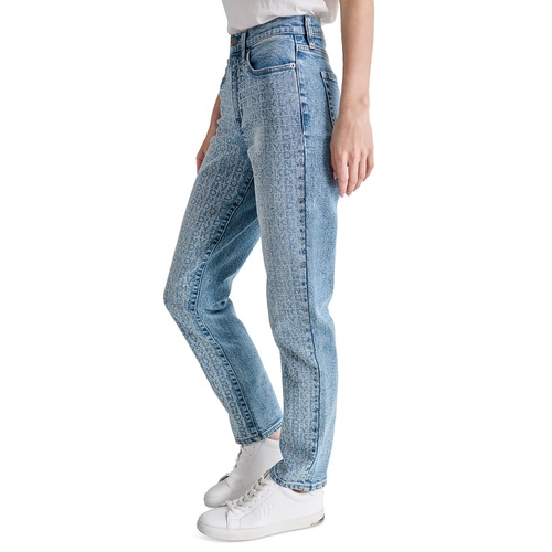 DKNY Womens High-Rise Logo Embellished Slim Straight Jeans