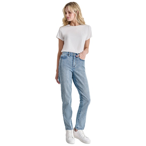 DKNY Womens High-Rise Logo Embellished Slim Straight Jeans