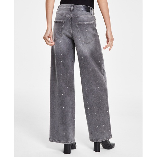 DKNY Womens High-Rise Rhinestone Wide-Leg Jeans