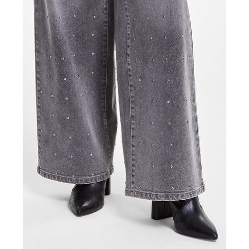 DKNY Womens High-Rise Rhinestone Wide-Leg Jeans