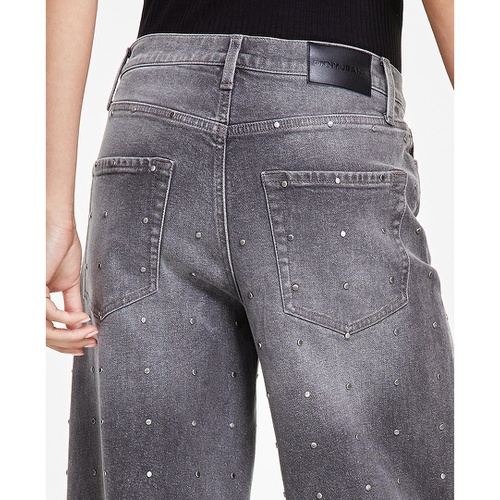 DKNY Womens High-Rise Rhinestone Wide-Leg Jeans