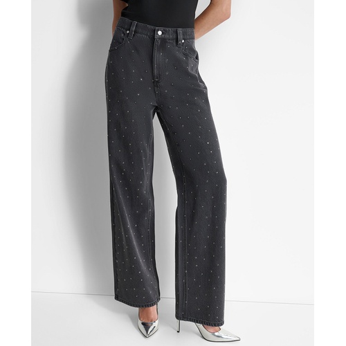 DKNY Womens Mid-Rise Embellished Straight-Leg Jeans