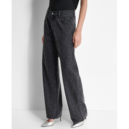 DKNY Womens Mid-Rise Embellished Straight-Leg Jeans