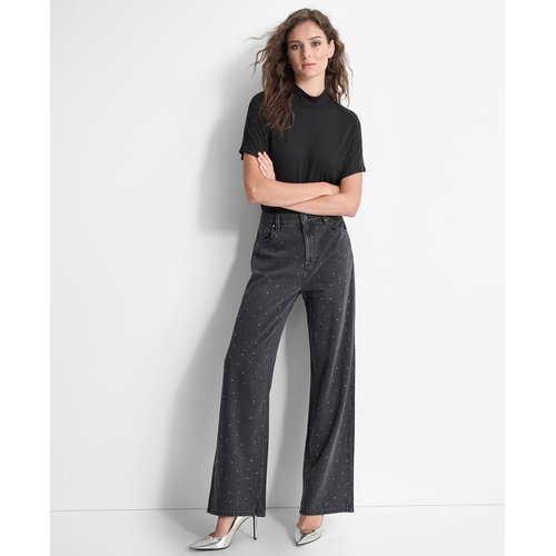 DKNY Womens Mid-Rise Embellished Straight-Leg Jeans