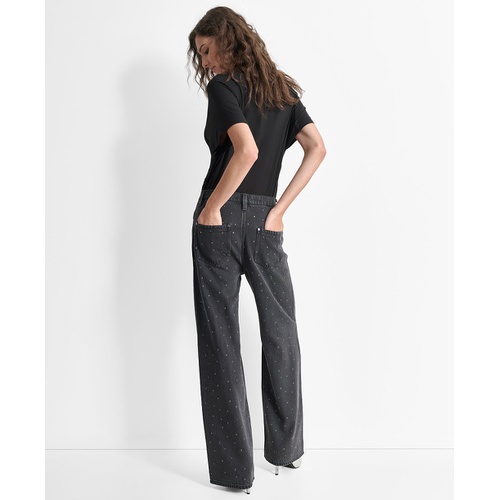 DKNY Womens Mid-Rise Embellished Straight-Leg Jeans