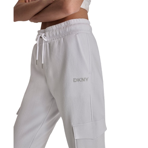 DKNY Womens Studded-Logo Cargo Jogger Fleece Sweatpants