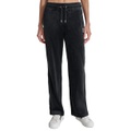 Womens Velour Rhinestone-Logo Side-Slit Track Pants