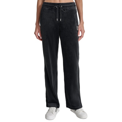 DKNY Womens Velour Rhinestone-Logo Side-Slit Track Pants