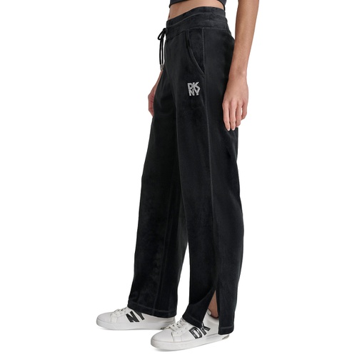 DKNY Womens Velour Rhinestone-Logo Side-Slit Track Pants