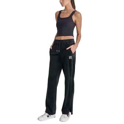 DKNY Womens Velour Rhinestone-Logo Side-Slit Track Pants