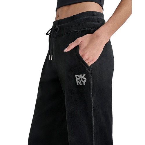 DKNY Womens Velour Rhinestone-Logo Side-Slit Track Pants