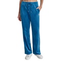 Womens Velour Rhinestone-Logo Side-Slit Track Pants