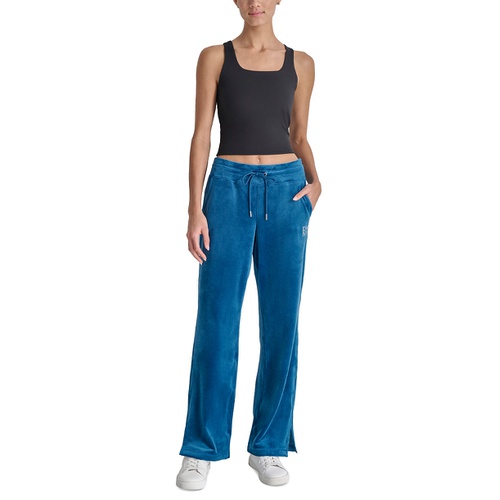 DKNY Womens Velour Rhinestone-Logo Side-Slit Track Pants