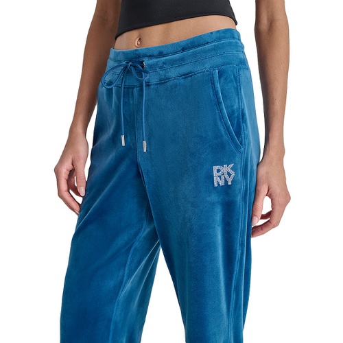 DKNY Womens Velour Rhinestone-Logo Side-Slit Track Pants