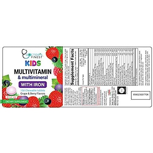  Doctors Finest Multivitamin & Multimineral with Iron Chewables for Kids  Vegetarian  Gluten Free Vegetarian  Great Tasting - Natural Flavored Pectin Chews with Vitamins A, B, C,