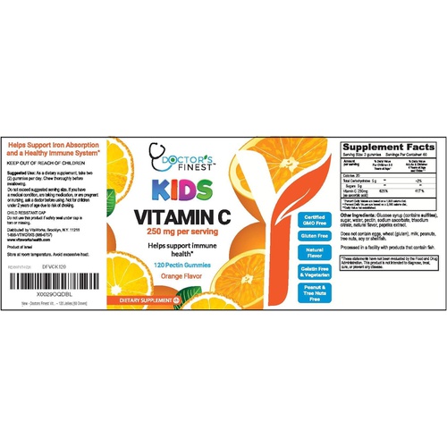  DOCTORS FINEST Vitamin C Gummies for Kids - Vegan, GMO Free & Gluten Free - Great Tasting Orange Flavor Pectin Chews - Kids Dietary Supplement - 250 mg of Vitamin C - 120 Jellies [