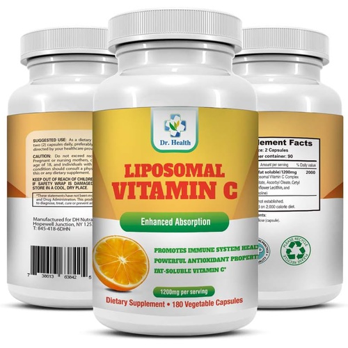  DR. HEALTH Liposomal Vitamin C 1200mg per Serving 180 Veggie Capsules per Bottle High Absorption Vitamin C Pill Supplements Fat Soluble VIT C Powerful Antioxidant with Immune System Support M