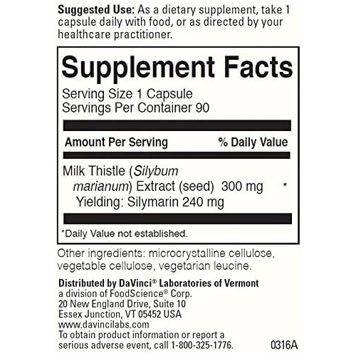  DaVinci Laboratories of Vermont DaVinci Labs Milk Thistle - Dietary Supplement to Support Liver Detoxification and Function, Kidney Health and Healthy Digestion* - With Milk Thistle and More - Gluten-Free - 90 Ve