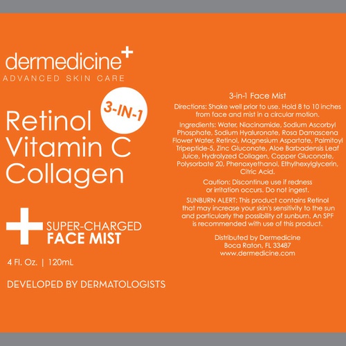  Dermedicine 3 in 1 Super-Charged Anti-Aging Face Mist w/Retinol, Vitamin C + Collagen | Hydrates, Refreshes & Brightens for a More Glowing Complexion | 4 fl oz, 120 ml