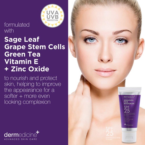  Dermedicine Weightless Daily Face Moisturizer Zinc Oxide Sunscreen with Broad Spectrum SPF 25 | Physical Mineral UVA/UVB Sunscreen | w/Sage Leave, Grape Stem Cells, Green Tea, Vitamin E | NET