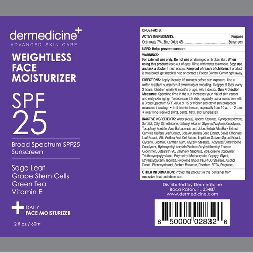  Dermedicine Weightless Daily Face Moisturizer Zinc Oxide Sunscreen with Broad Spectrum SPF 25 | Physical Mineral UVA/UVB Sunscreen | w/Sage Leave, Grape Stem Cells, Green Tea, Vitamin E | NET