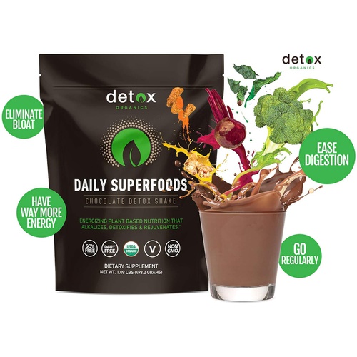  Detox Organics Chocolate Superfood Powder, Detox Cleanse for your Body, Bloating Relief, Immune Support Supplement Smoothie Detox Mix, Greens Blend Superfood, Low Carb, Vegan, Soy