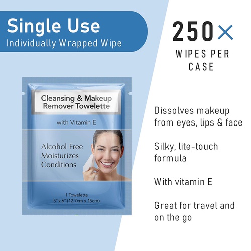  Diamond Wipes Cleansing and Waterproof makeup remover towelette individual packets, alcohol free with vitamin E, hotel’s choice (250 Count Case)