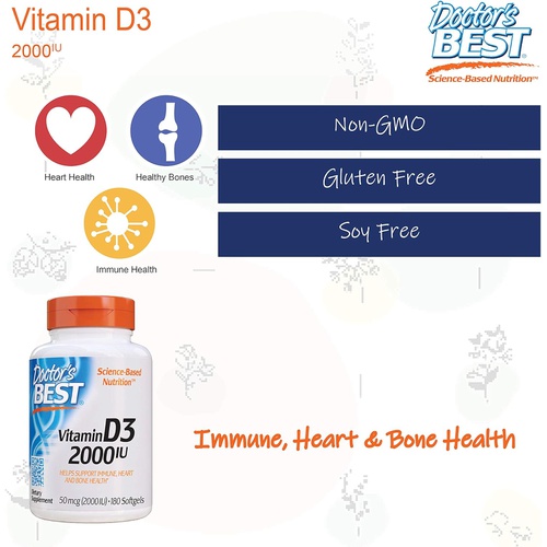  Doctors Best Vitamin D3 2 000 IU Healthy Bones Teeth Heart Immune Support NonGMO GlutenFree Soy Free , 180 Count