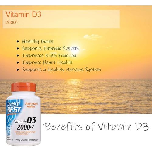  Doctors Best Vitamin D3 2 000 IU Healthy Bones Teeth Heart Immune Support NonGMO GlutenFree Soy Free , 180 Count