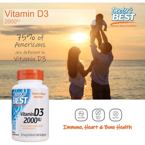  Doctors Best Vitamin D3 2 000 IU Healthy Bones Teeth Heart Immune Support NonGMO GlutenFree Soy Free , 180 Count