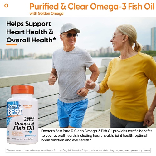  Doctors Best Purified & Clear Omega 3Fish Oil, No Reflux, Supports Heart, Eyes, Brain & Joint Health, 120 Count (Pack of 1)